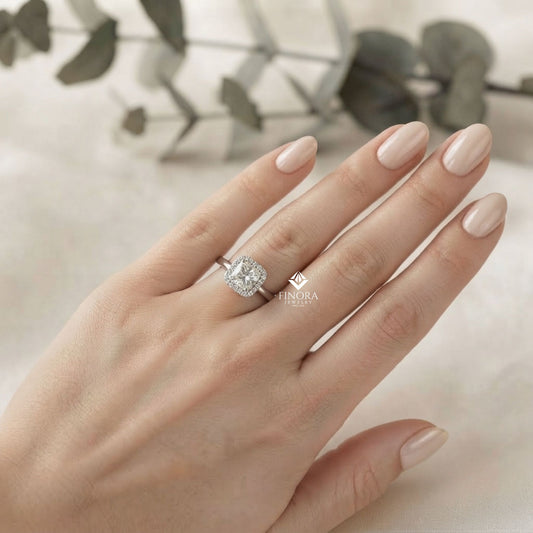 Cushion Cut Halo Moissanite Engagement Ring with Pavé Diamonds – Elegant Cushion Halo in White, Yellow, or Rose Gold | Finora Jewelry