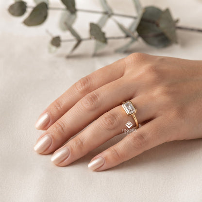 Emerald Cut Bezel Ring – Minimalist Gold Engagement Ring  – Modern Horizontal Baguette Ring