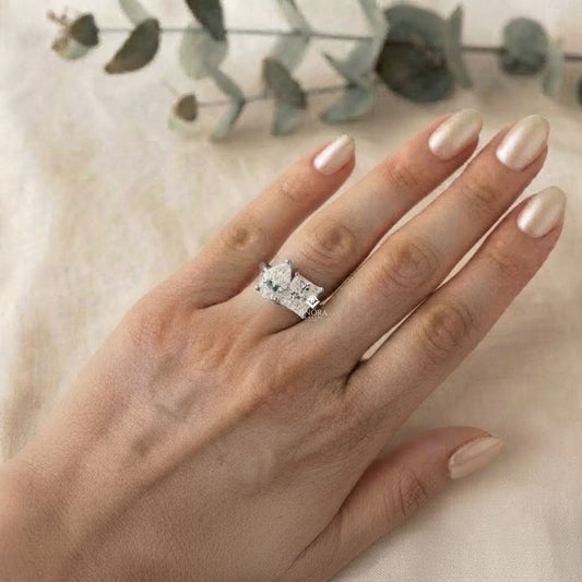 Two-Stone Pear & Princess Cut Diamond Ring – Dual Brilliance in 925 Silver, 10K / 14K Gold, or Platinum – Finora Symbolic Design of Love & Harmony – Meaningful Gift for Her