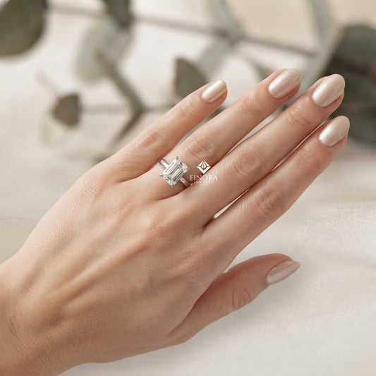 Emerald Cut Moissanite Solitaire Engagement Ring – Modern Classic for Her – 925 Silver / 10K & 14K Gold / Rose, Yellow, White Gold / Platinum | Finora Jewelry