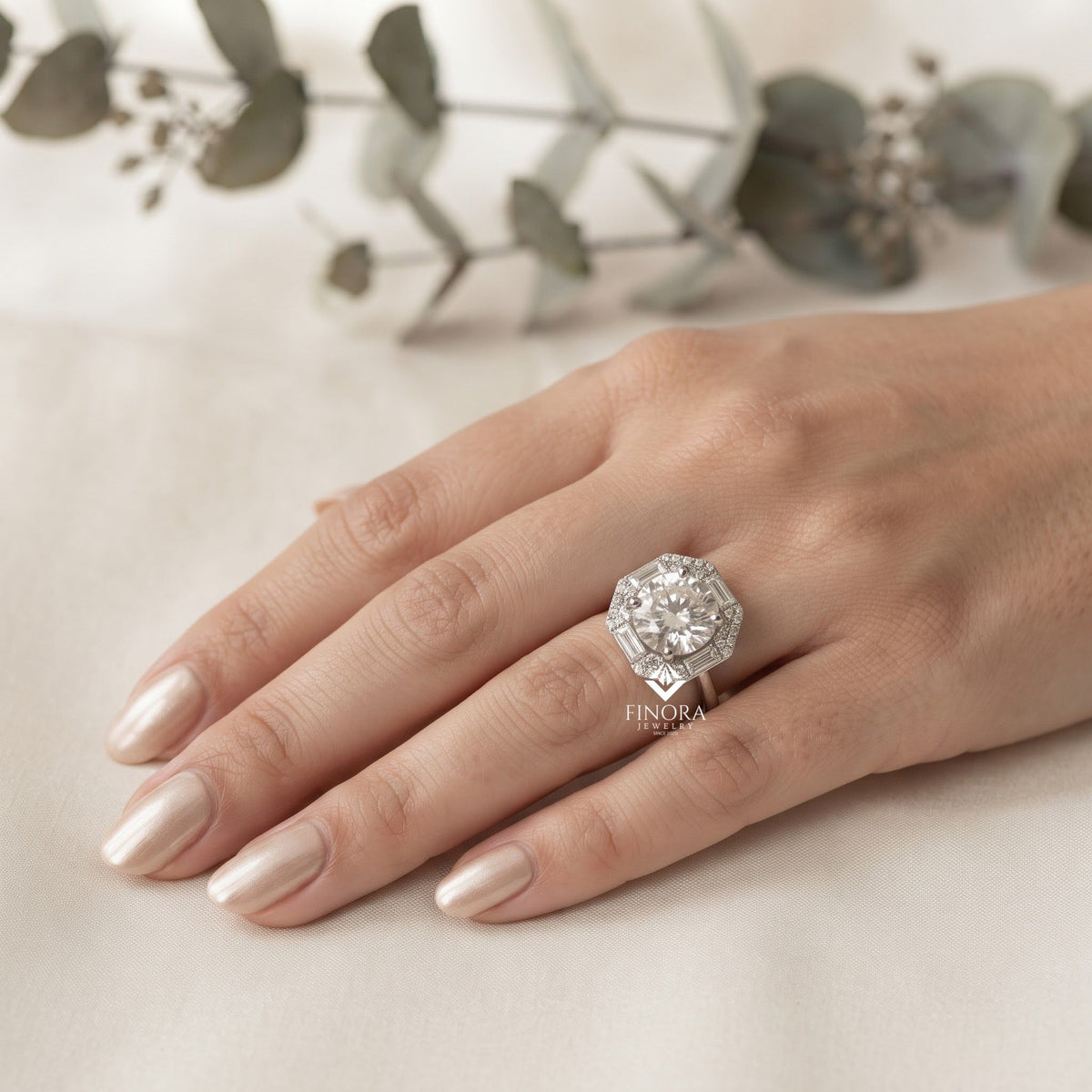 round cut moissanite halo engagement ring with baguette side stones in 925 silver, 10k & 14k gold – finora jewelry