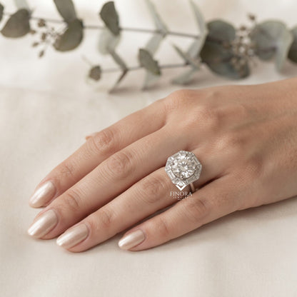 Round Cut Moissanite Halo Engagement Ring with Baguette Side Stones in 925 Silver, 10K & 14K Gold – Finora Jewelry