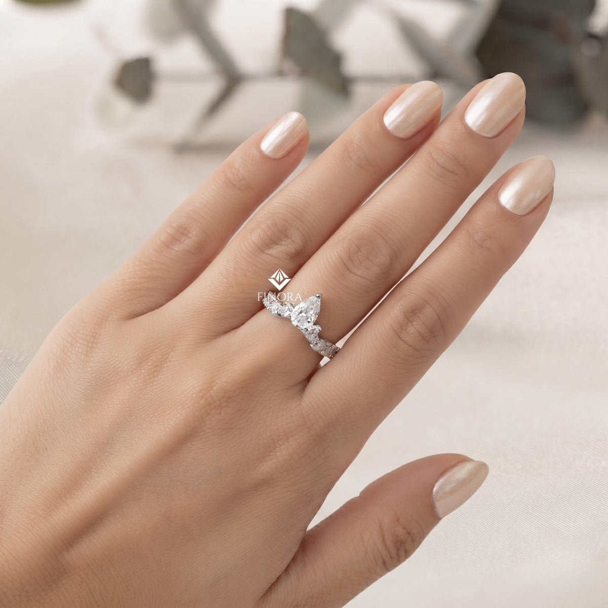 pear cut diamond engagement ring with accent band – finora jewelry