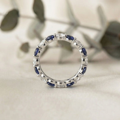 Blue & Colorless Round Cut Moissanite Full Eternity Wedding Band, Stackable Ring – Finora Jewelry
