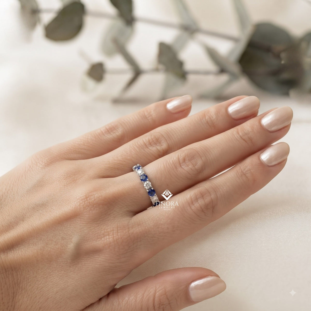 blue & white round cut moissanite half eternity wedding band, stackable ring – finora jewelry