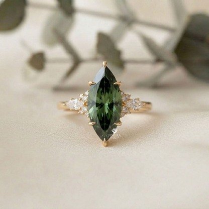 Green Marquise Cut Engagement Ring – Gold Cluster Design, Everyday Elegance