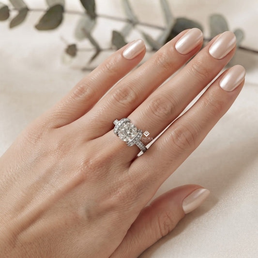 Bold Round-Cut Diamond Ring with Pavé-Set Accent Bands in 925 Silver, 10K / 14K Gold, or Platinum – Finora Jewelry
