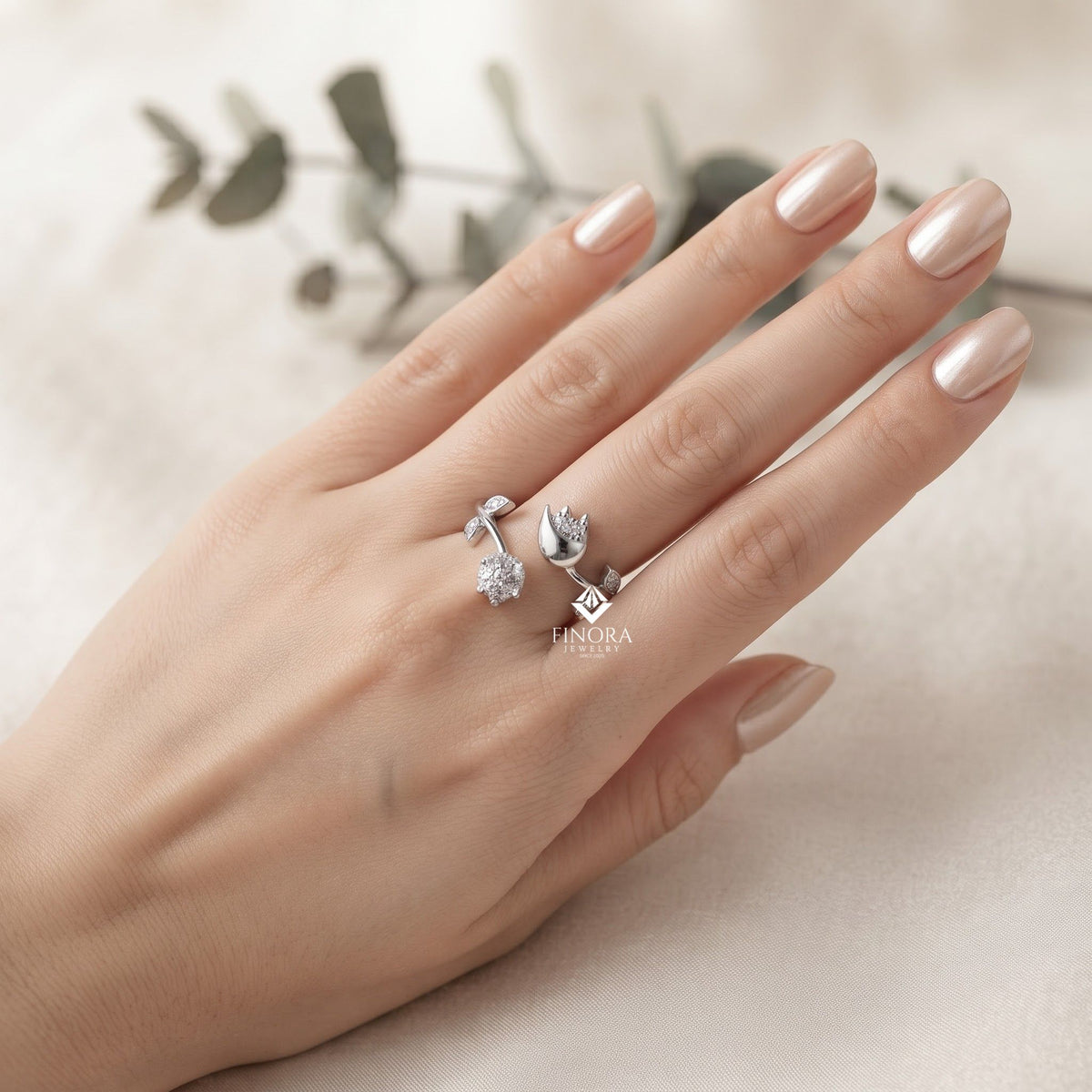 dual tulip bypass ring – adjustable floral diamond ring –  minimalist gold botanical jewelry