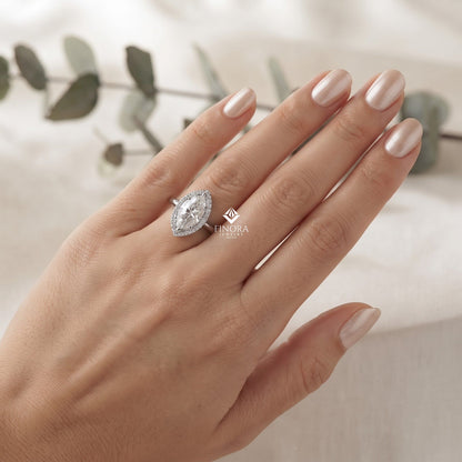 Marquise Cut Moissanite Halo Engagement Ring – 925 Silver / 10K / 14K / Platinum / White / Yellow / Rose Gold – Finora Jewelry