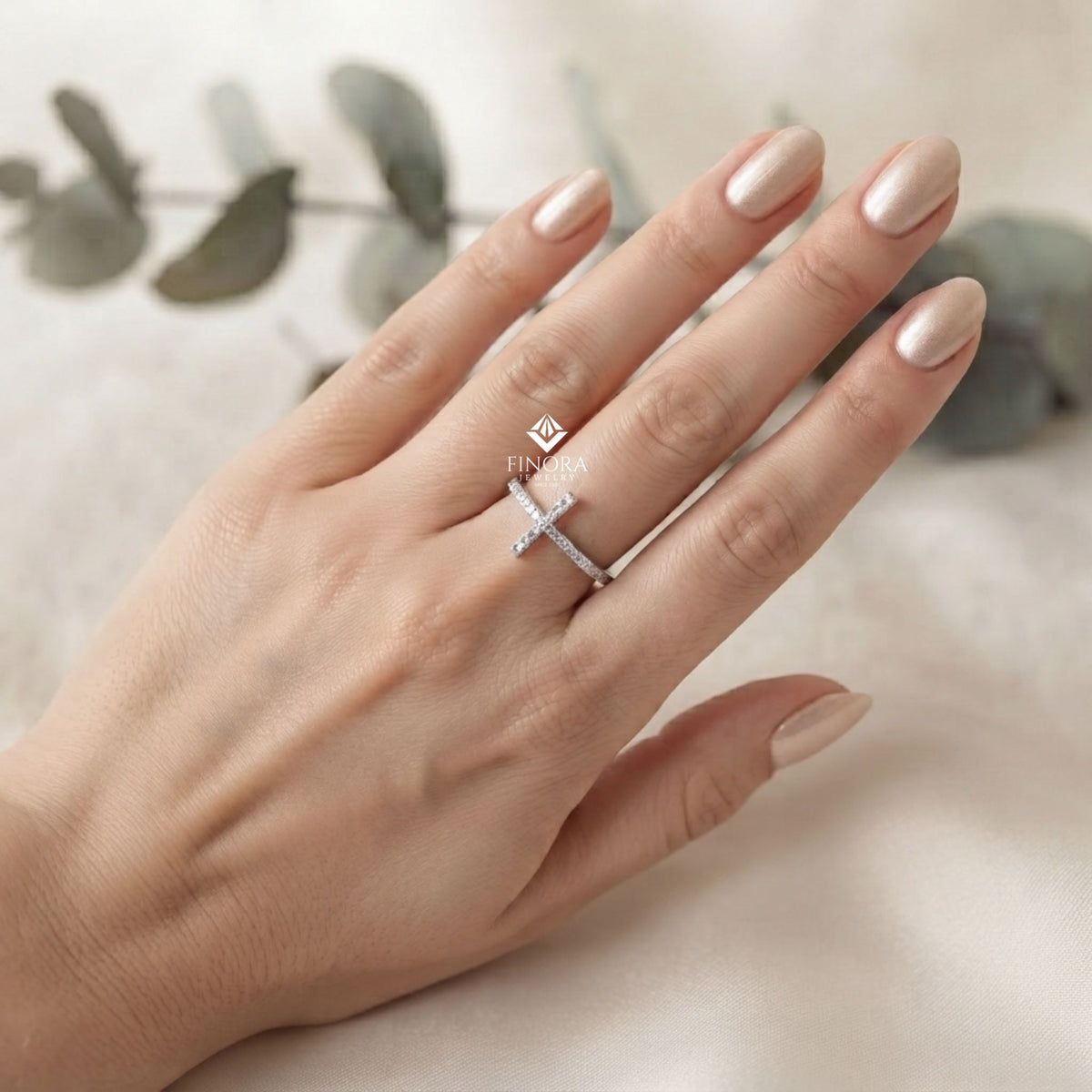 dainty diamond cross ring – minimalist horizontal cross band