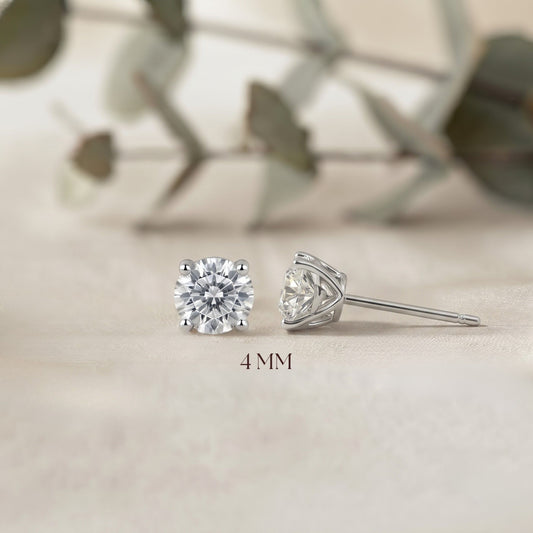 Classic Round Moissanite Stud Earrings – 4MM Solitaire, 10K-18K Gold, Sterling Silver