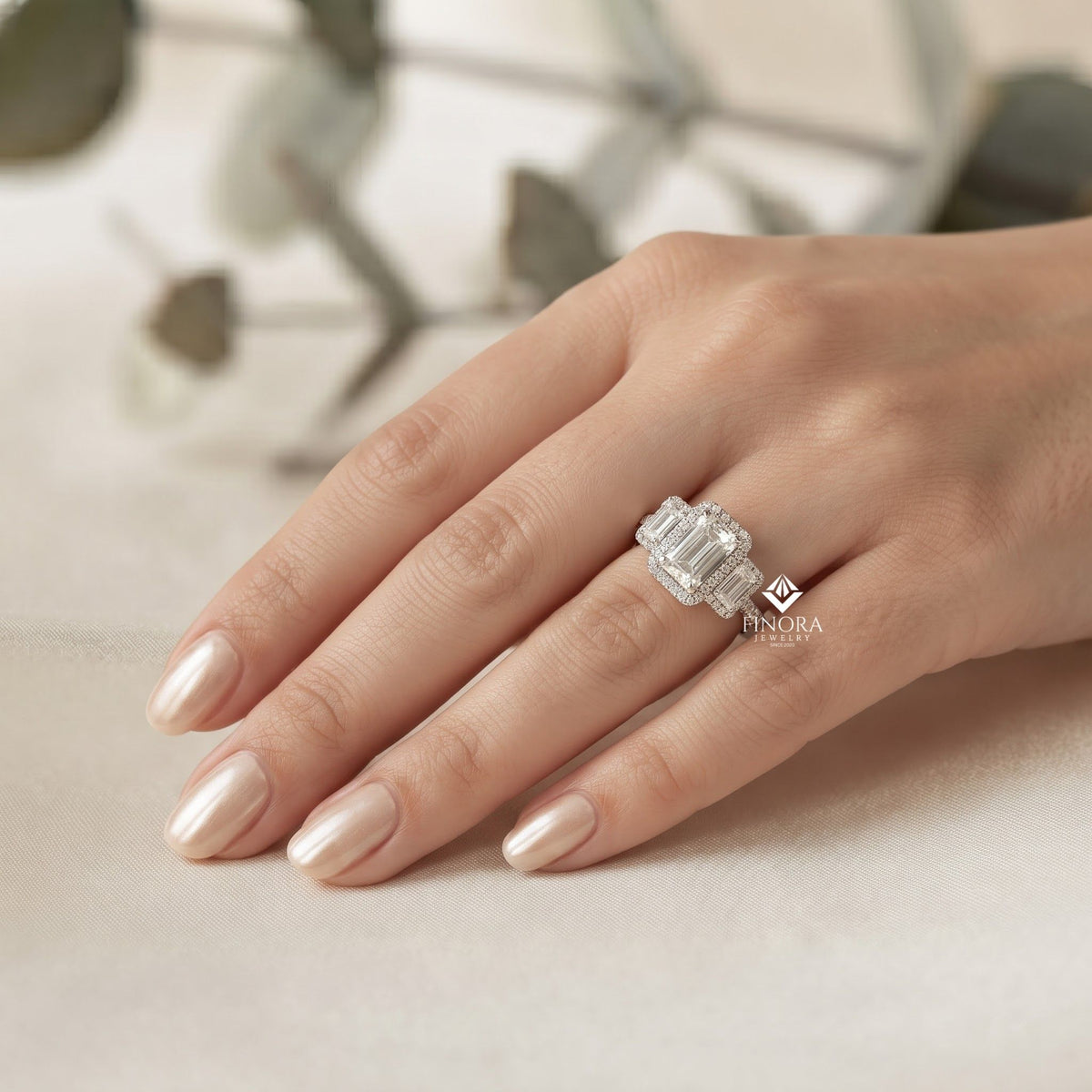 emerald cut moissanite three-stone engagement ring with halo | 2.11 ct | 925 silver, 10k & 14k gold