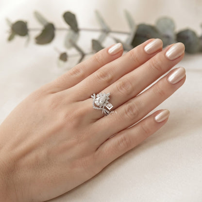 Pear Cut Moissanite Halo Engagement Ring 1.68 CT with Marquise & Round Side Stones in 925 Silver / 10K & 14K Gold