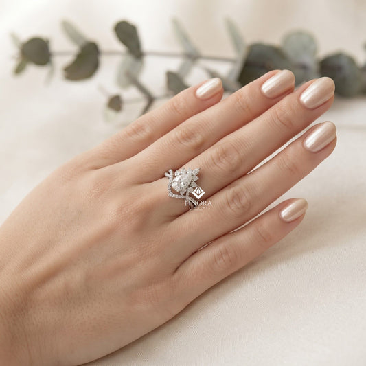 Pear Cut Moissanite Halo Engagement Ring 1.68 CT with Marquise & Round Side Stones in 925 Silver / 10K & 14K Gold