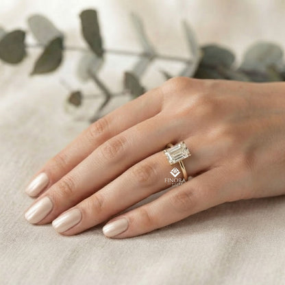 Emerald Cut Colorless Moissanite Ring  –  Minimalist Bridal Jewelry