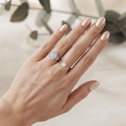 Finora Jewelry Oval Halo Diamond Engagement Ring – Twisted Pavé Band with Pear Accents – Available in 10K, 14K Gold (White, Rose, Yellow), 925 Sterling Silver & Platinum