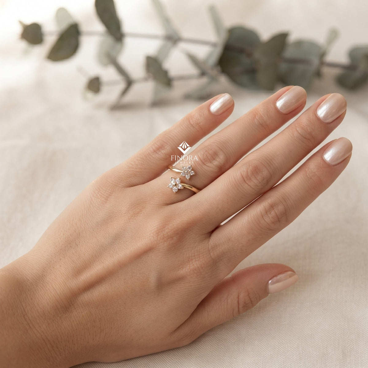 floral bypass ring – adjustable gold ring for her
