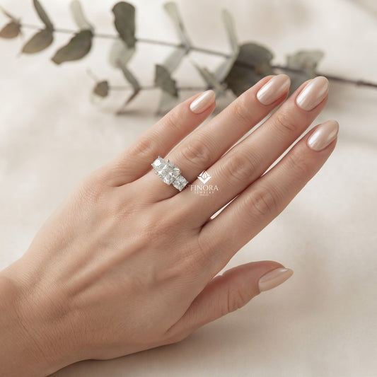 Three-Stone Cushion Cut Diamond Engagement Ring – Trio of Brilliance in White Gold or Platinum – Finora Symbolic Design of Past, Present & Future – Elegant Gift for Her