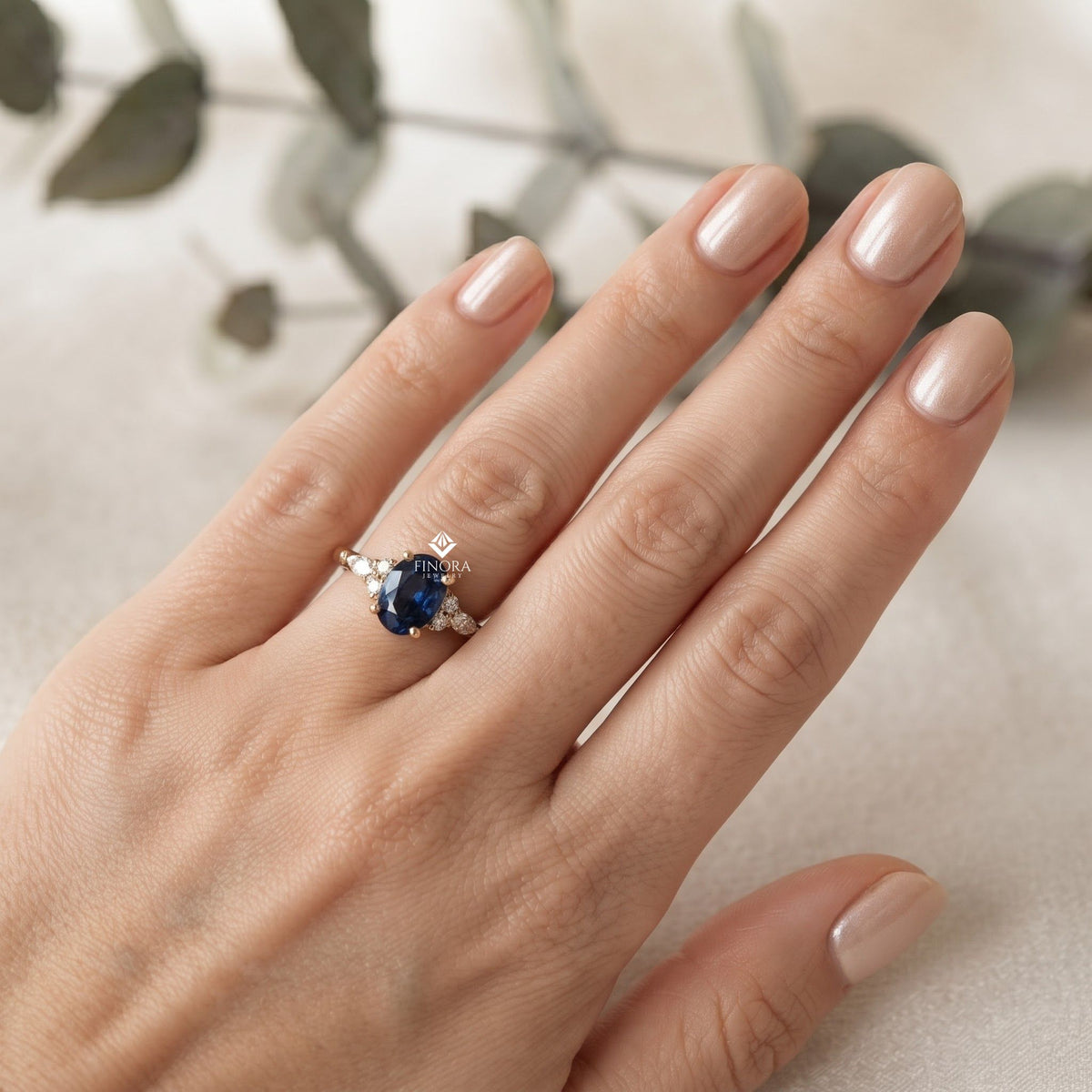 oval blue sapphire and diamond cluster ring – dainty gold engagement ring