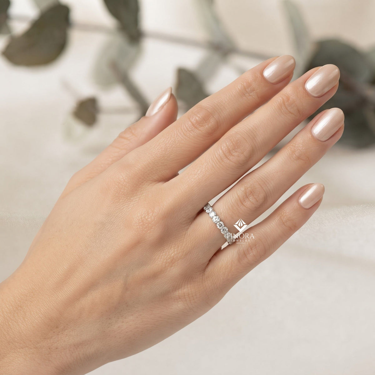 classic round cut moissanite half eternity wedding band, stackable minimal ring – finora jewelry
