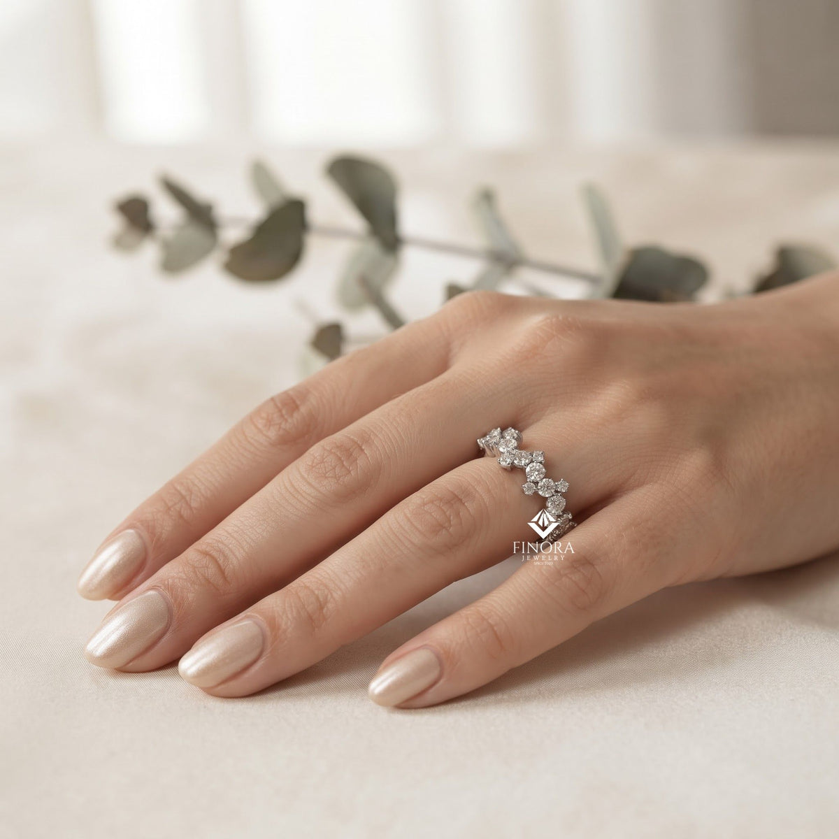zig-zag moissanite half eternity wedding band, stackable ring - finora jewelry