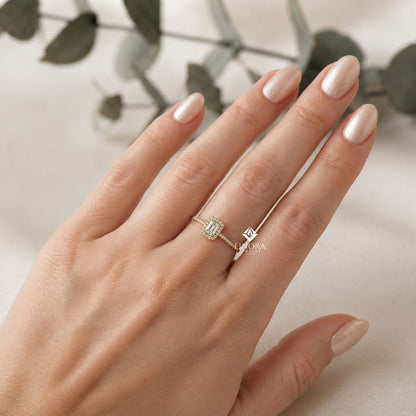 Emerald Cut Halo Ring – Dainty Pave Engagement Ring  – Romantic Gold Bridal Jewelry