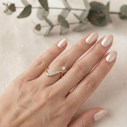 Wave Diamond Stacking Ring –  Minimalist Curved Gold Band – Dainty Contoured Bridal Jewelry