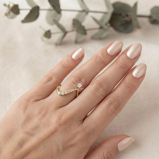 Wave Diamond Stacking Ring –  Minimalist Curved Gold Band – Dainty Contoured Bridal Jewelry