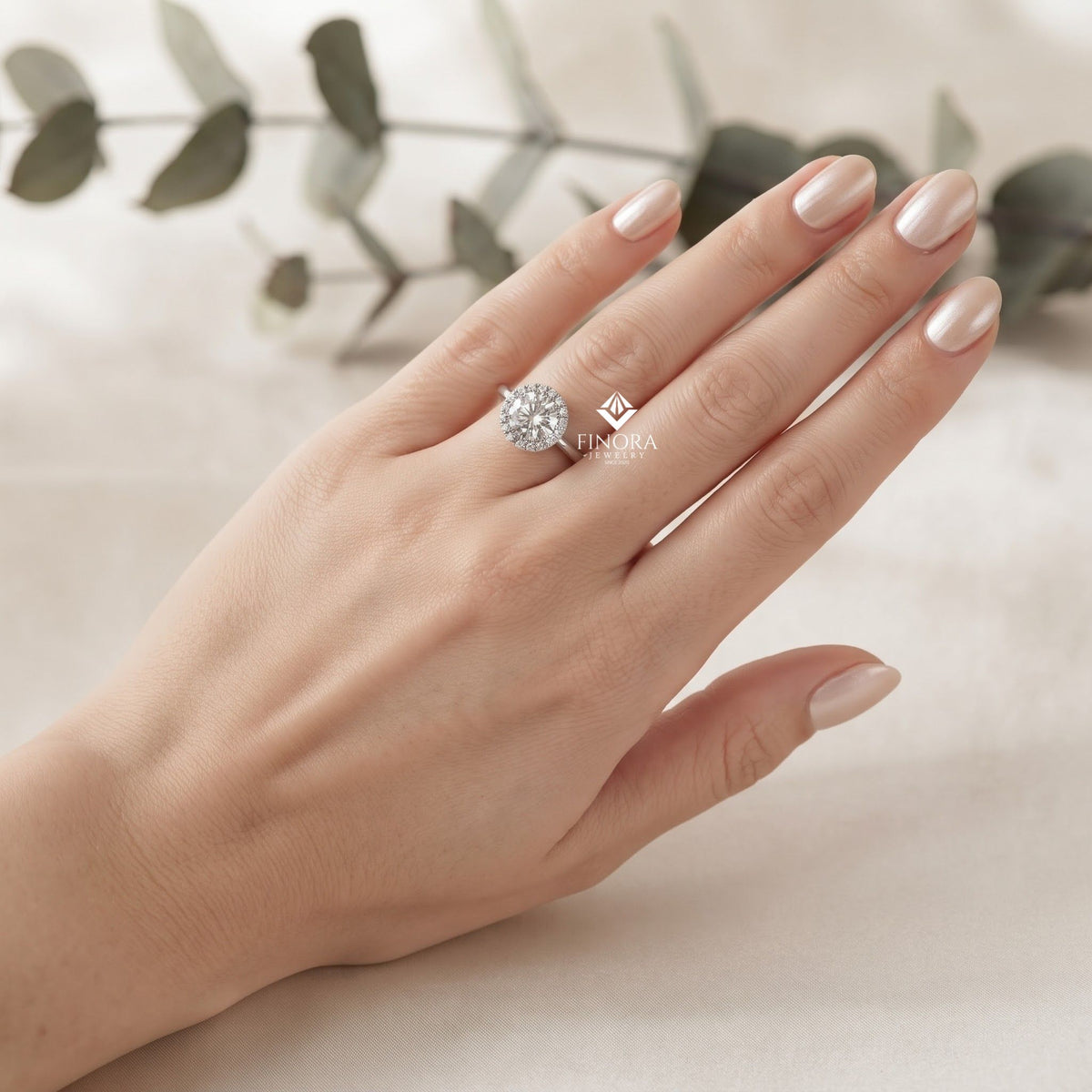 round halo moissanite engagement ring with pavé accent diamonds – timeless round cut sparkle | finora jewelry