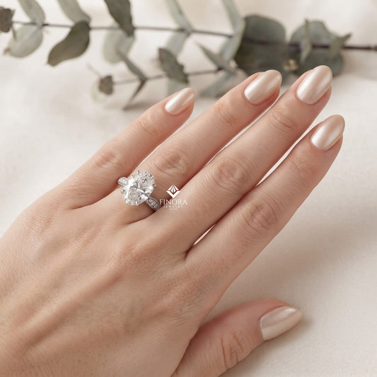 Elegant Oval Cut Engagement Ring with Diamond-Accented Band – Timeless Gift for Her – Classic Solitaire Setting in White Gold, Platinum or Silver – Finora Signature Sparkle