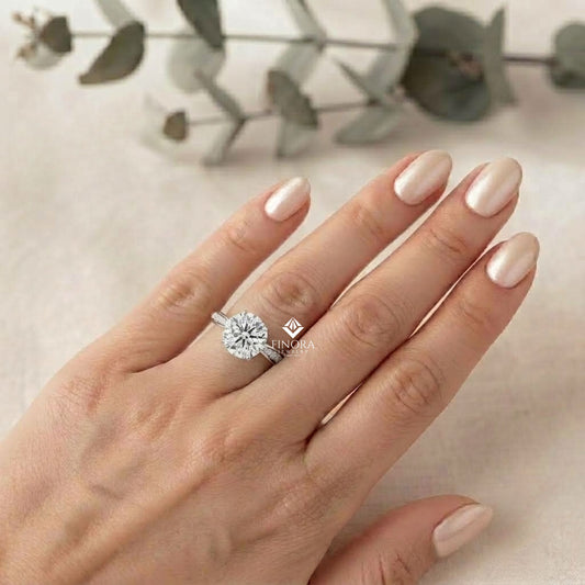 Brilliant Round Cut Engagement Ring with Pavé Diamond Band – Ideal Birthday Gift or Proposal Ring – Classic Elegance in Sterling Silver, 10K/14K Gold, or Platinum – Finora Luxe Edition