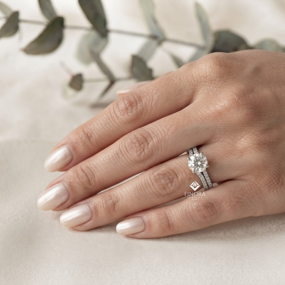 round cut diamond solitaire engagement ring with matching band – finora jewelry
