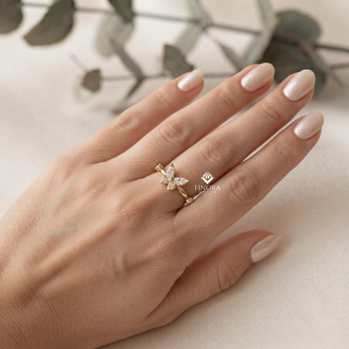 butterfly stacking ring – dainty diamond accent band – whimsical gold nature jewelry
