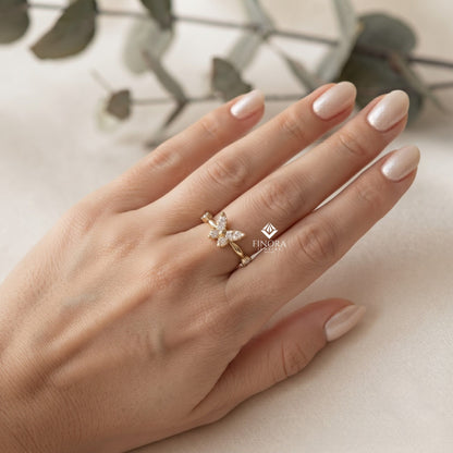 Butterfly Stacking Ring – Dainty Diamond Accent Band – Whimsical Gold Nature Jewelry