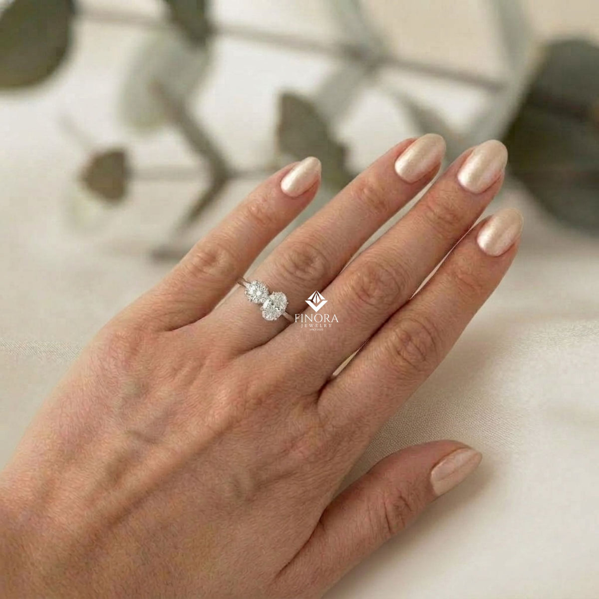 two-stone oval & round cut diamond engagement ring – harmonious duo in 925 silver, 10k / 14k gold, or platinum – finora emblem of balanced love & timeless sparkle – elegant gift for her
