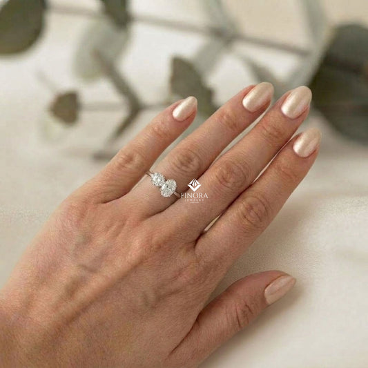 Two-Stone Oval & Round Cut Diamond Engagement Ring – Harmonious Duo in 925 Silver, 10K / 14K Gold, or Platinum – Finora Emblem of Balanced Love & Timeless Sparkle – Elegant Gift for Her