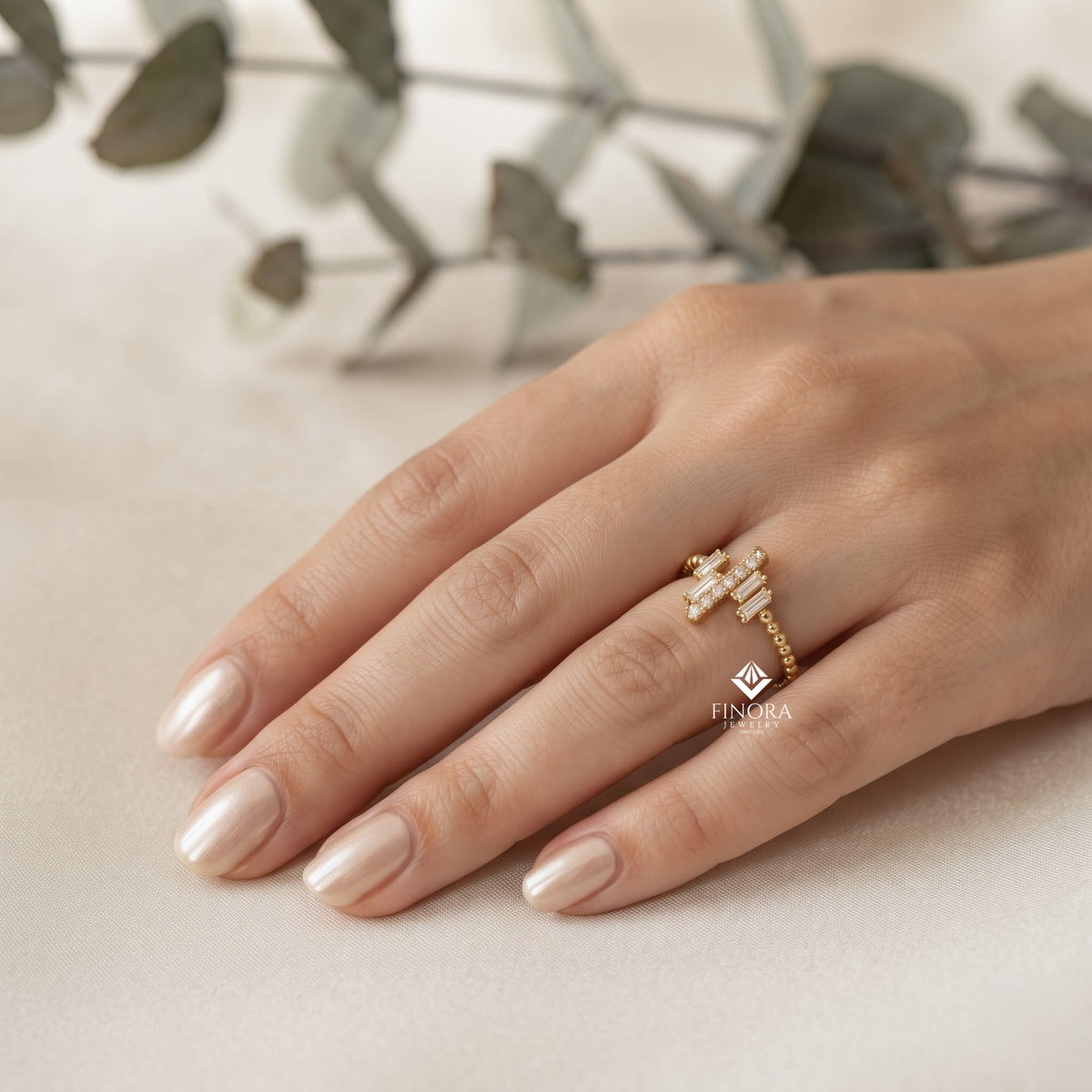 baguette cluster stacking ring – minimalist diamond bar ring –  dainty gold bead band