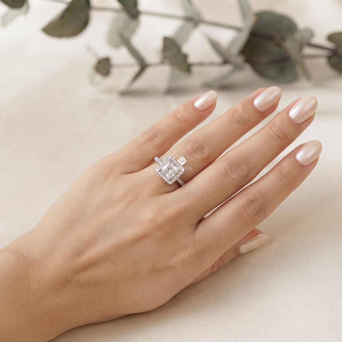 1.50 ct princess cut moissanite halo engagement ring in 925 silver / 10k & 14k gold