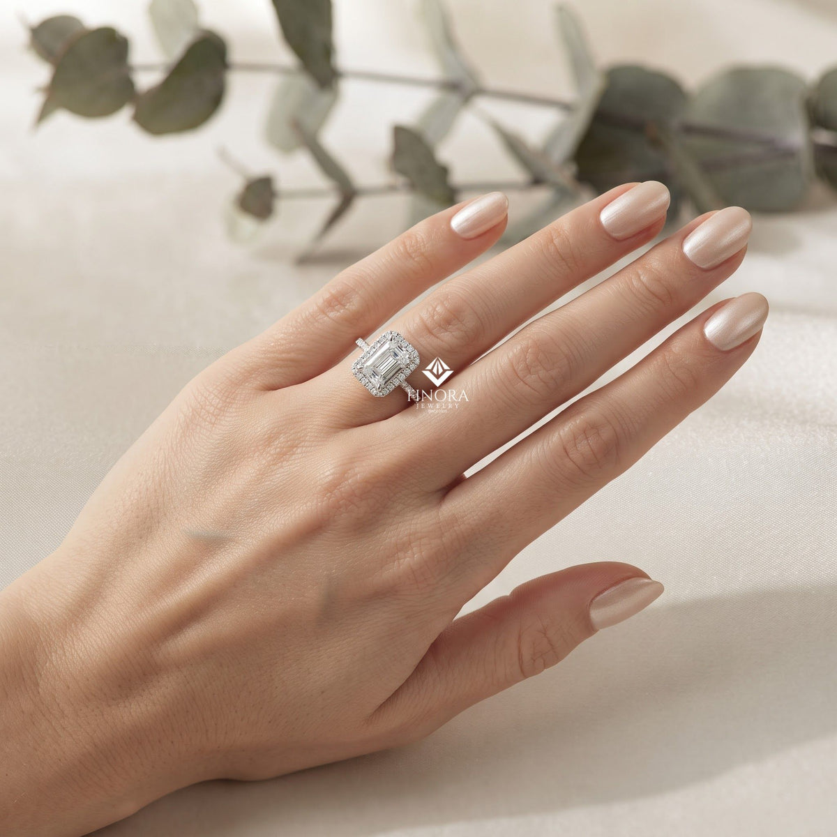 emerald cut halo ring with diamond accents by finora jewelry