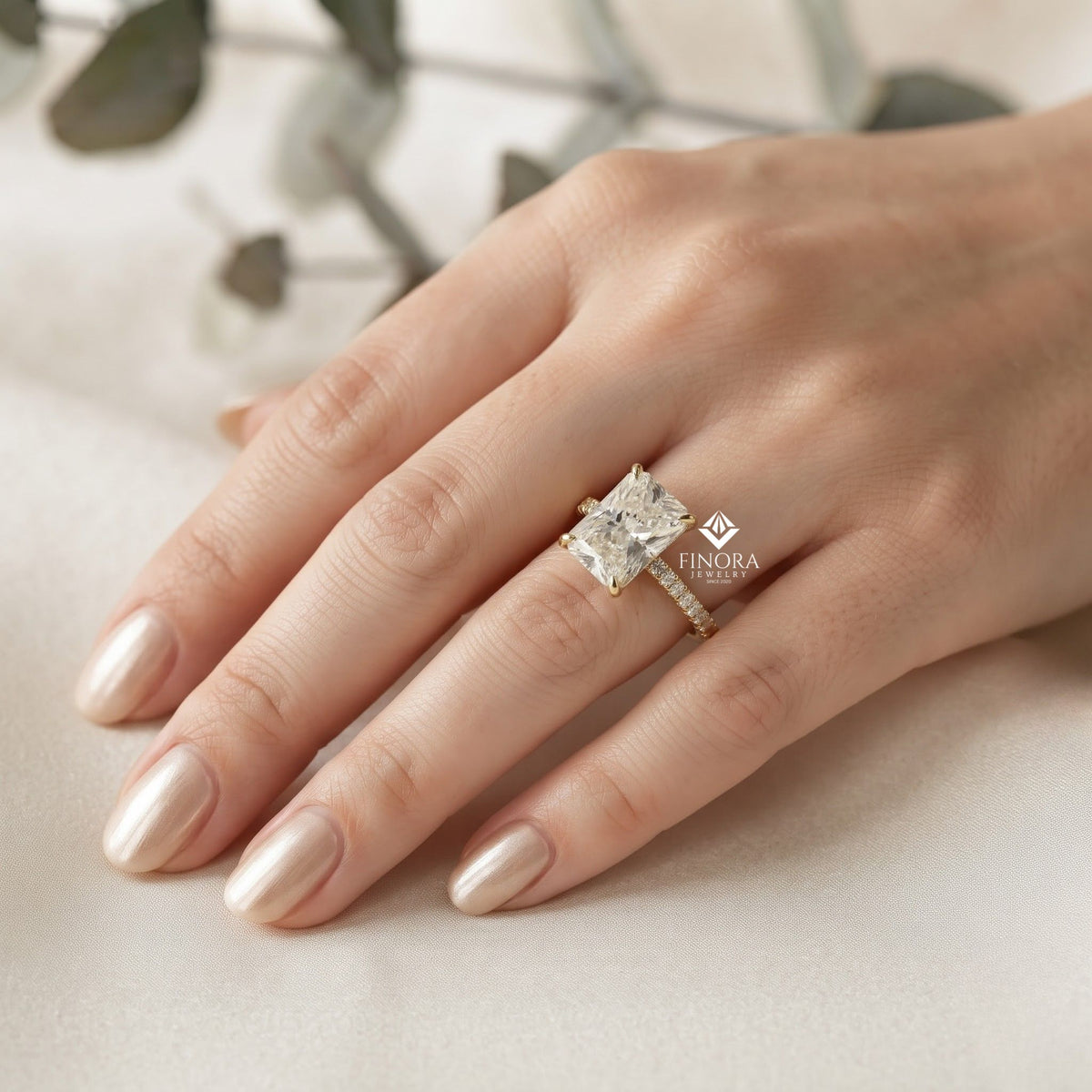 radiant cut moissanite engagement ring –  hidden halo gold bridal jewelry