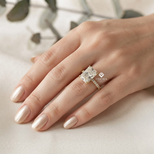 Radiant Cut Moissanite Engagement Ring –  Hidden Halo Gold Bridal Jewelry