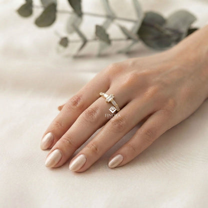 Baguette Diamond Stacking Ring –  Minimalist Horizontal Bar Band – Dainty Gold Everyday Jewelry