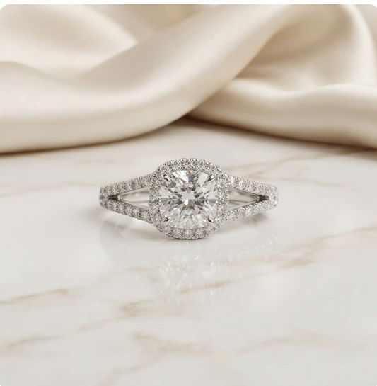 1.50 CT Cushion Cut Moissanite Halo Engagement Ring with Split Shank | 925 Silver & 10K/14K Gold | Finora Jewelry