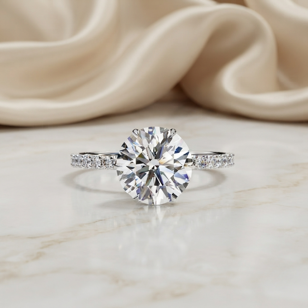 round brilliant moissanite engagement ring with pavé diamond band – classic four-prong solitaire in white, yellow, or rose gold | finora jewelry