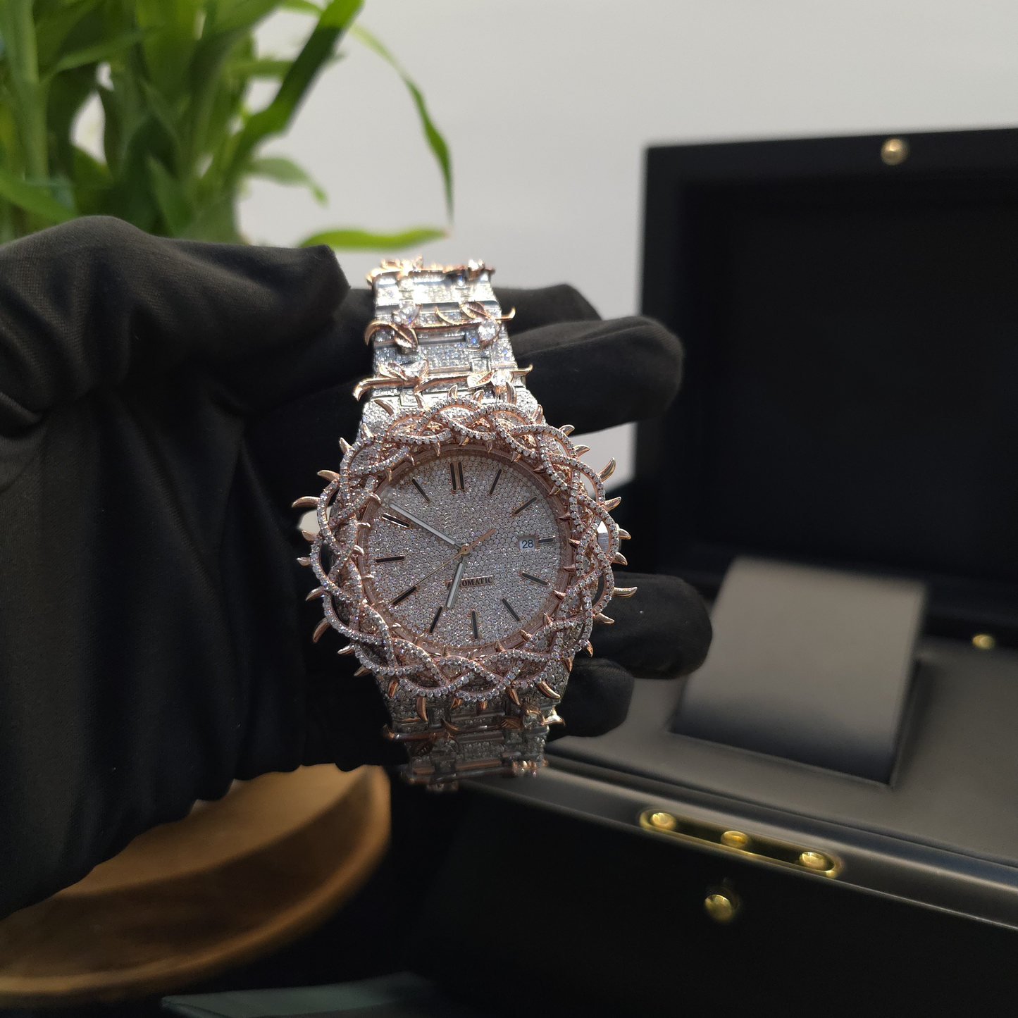 41mm two-tone white & rose gold plated fully iced-out moissanite watch