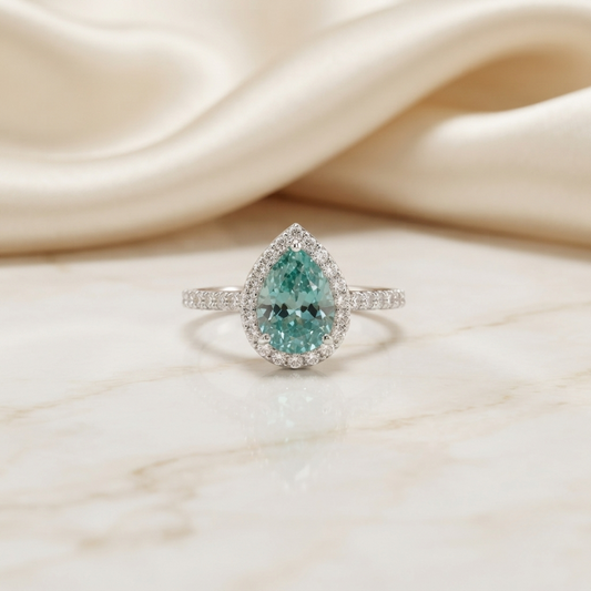 Cyan Blue Pear Cut Moissanite Halo Engagement Ring 2.30 CT in 925 Silver / 10K & 14K Gold
