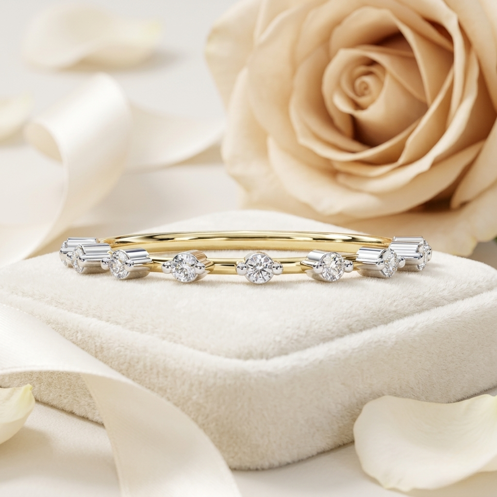 finora jewelry – baguette & round diamond stacking ring in 925 silver, 10k/14k gold (rose/white/yellow), & platinum