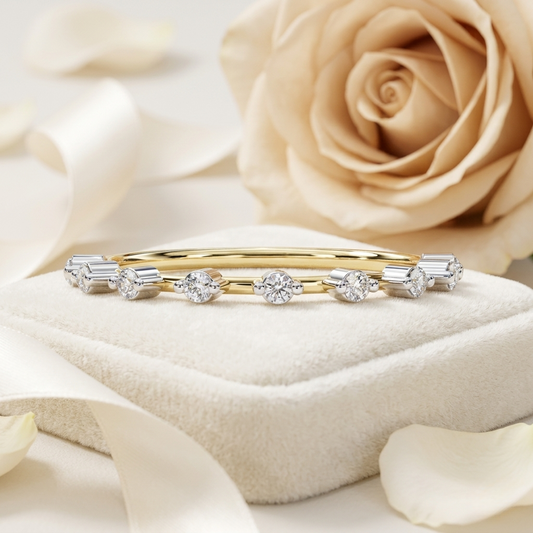 Finora Jewelry – Baguette & Round Diamond Stacking Ring in 925 Silver, 10K/14K Gold (Rose/White/Yellow), & Platinum