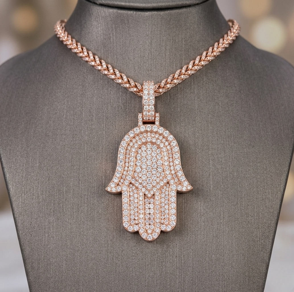 iced-out hamsa hand moissanite pendant necklace | pavé set diamond hand | luxury jewelry – finora jewelry