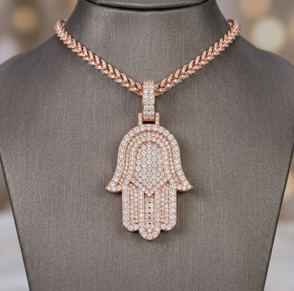 Iced-Out Hamsa Hand Moissanite Pendant Necklace | Pavé Set Diamond Hand | Luxury Jewelry – Finora Jewelry